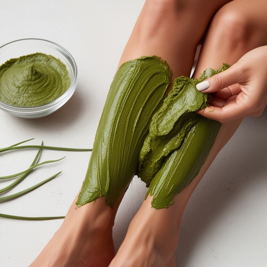 Argile verte en poudre dans un bol, prête à être utilisée comme remède de grand-mère pour soulager les jambes gonflées.