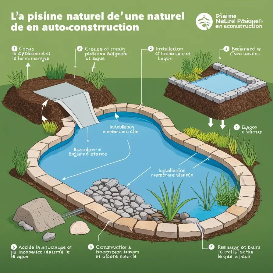 Illustration des étapes clés pour construire une piscine naturelle en autoconstruction, comprenant le creusement, la pose d’une membrane, et l’aménagement du lagon.