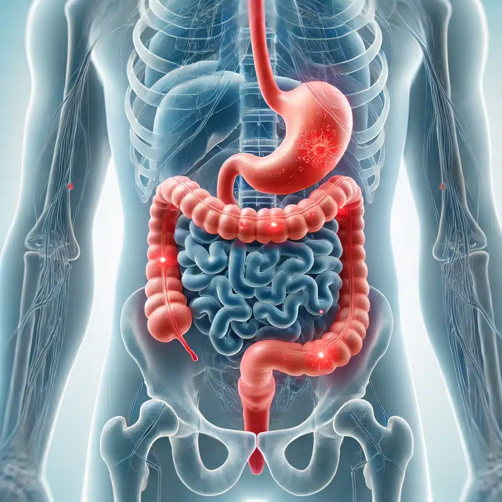 Illustration du système digestif humain avec mise en évidence des intestins irrités, en lien avec des solutions pour apaiser les symptômes du syndrome de l'intestin irritable.