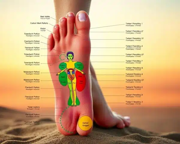 Représentation visuelle d'une carte détaillée de réflexologie plantaire, mettant en évidence des zones réflexes spécifiques avec des couleurs vives et des designs complexes, incluant des zones étiquetées pour différents organes et parties du corps, sur un fond apaisant évoquant la détente et la guérison.