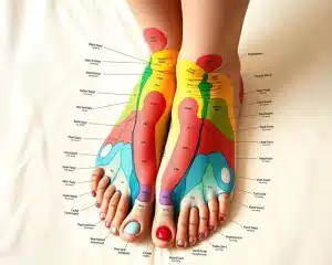 An intricate and colorful illustration of a reflexology foot map, highlighting various reflex zones with labeled regions, featuring detailed anatomical representations and vibrant colors, showcasing the connections between feet and body organs, set against a soft, calming background.