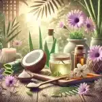 Image représentant des remèdes de grand-mère pour la sécheresse intime : huile de coco, aloe vera, infusion de mauve et cadre naturel apaisant.