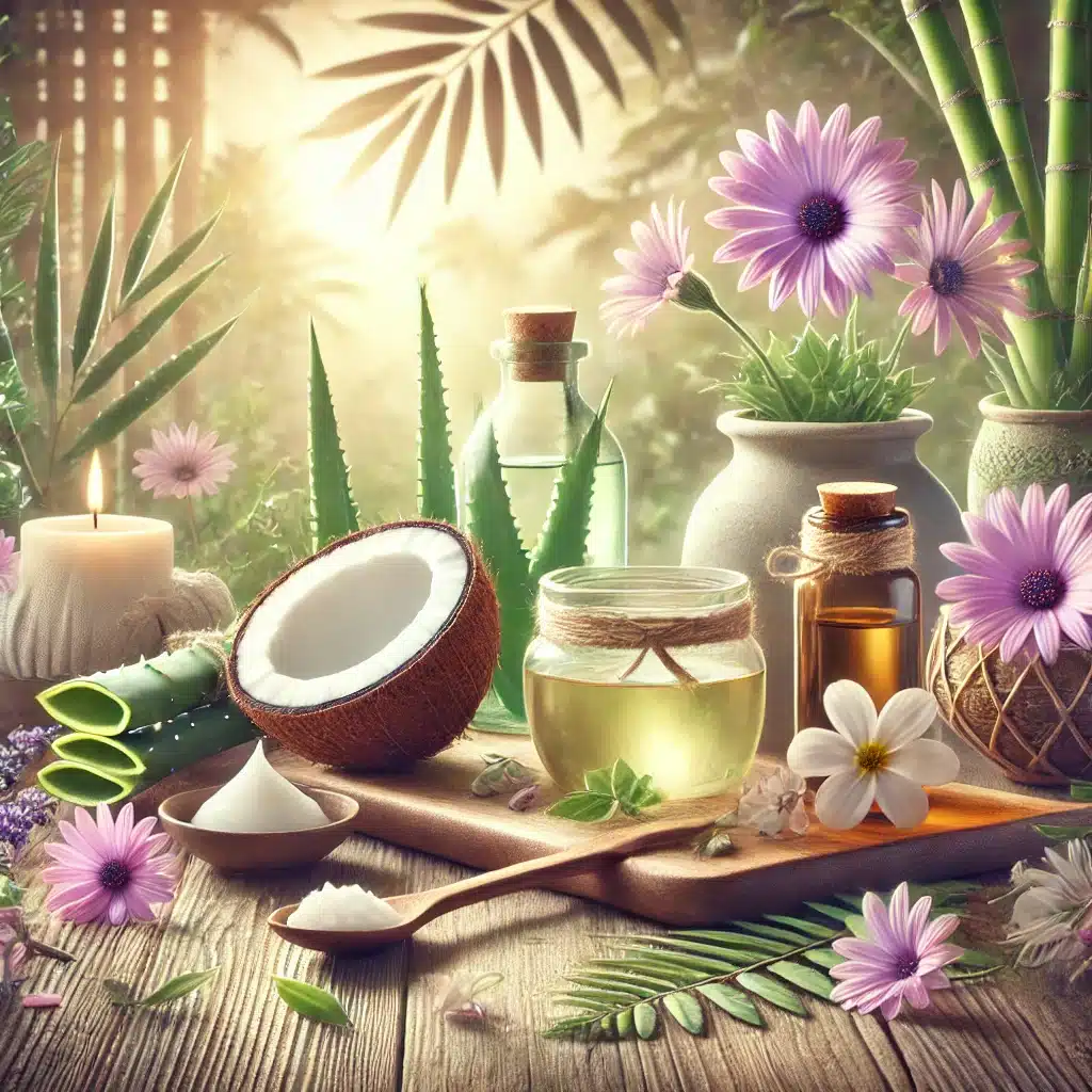 Image représentant des remèdes de grand-mère pour la sécheresse intime : huile de coco, aloe vera, infusion de mauve et cadre naturel apaisant.