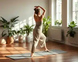 Un espace intérieur serein avec une lumière naturelle douce, avec une personne pratiquant le yoga somatique, des mouvements corporels fluides et des étirements doux. Les éléments environnants comprennent des couleurs apaisantes, des plantes en arrière-plan et un tapis de yoga sur un plancher en bois, transmettant un sentiment de pleine conscience et de tranquillité. Mettez l'accent sur le flux de mouvement et la connexion entre le corps et l'esprit.