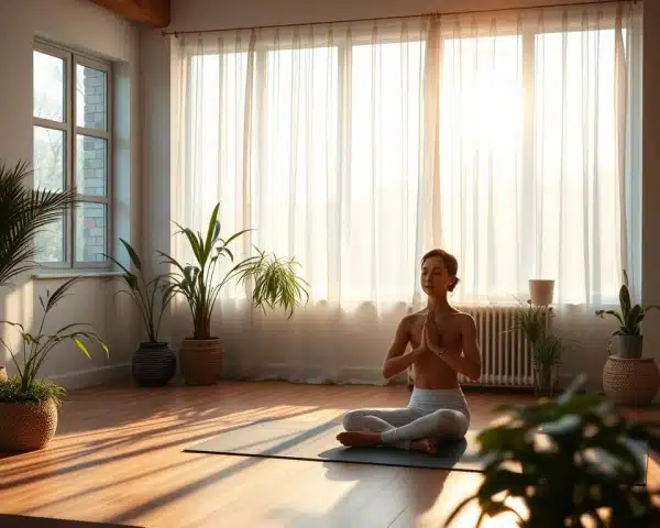 Un studio de yoga intérieur serein baigné d'une douce lumière naturelle, avec une silhouette paisible pratiquant des postures de yoga somatiques sur un tapis, entourée de plantes et d'un décor apaisant, évoquant un sentiment de relaxation et de pleine conscience