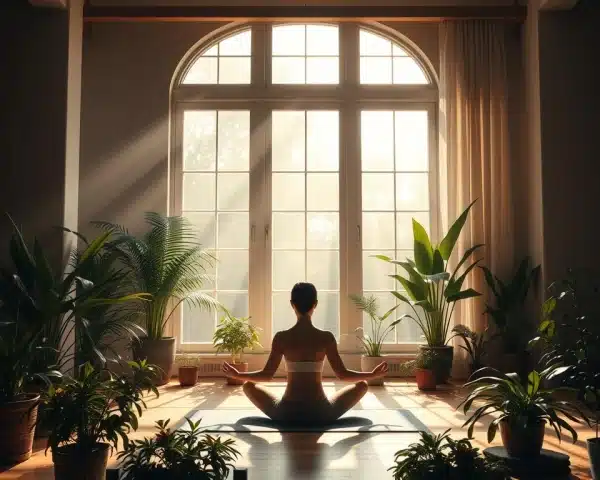 Un espace intérieur serein avec une douce lumière naturelle traversant de grandes fenêtres, une personne dans une pose de yoga douce sur un tapis entouré de plantes, une relaxation profonde et une pleine conscience incarnées dans sa posture, des couleurs terreuses chaudes, une atmosphère apaisante, soulignant la connexion entre le corps et l'esprit.