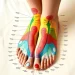 An intricate and colorful illustration of a reflexology foot map, highlighting various reflex zones with labeled regions, featuring detailed anatomical representations and vibrant colors, showcasing the connections between feet and body organs, set against a soft, calming background.